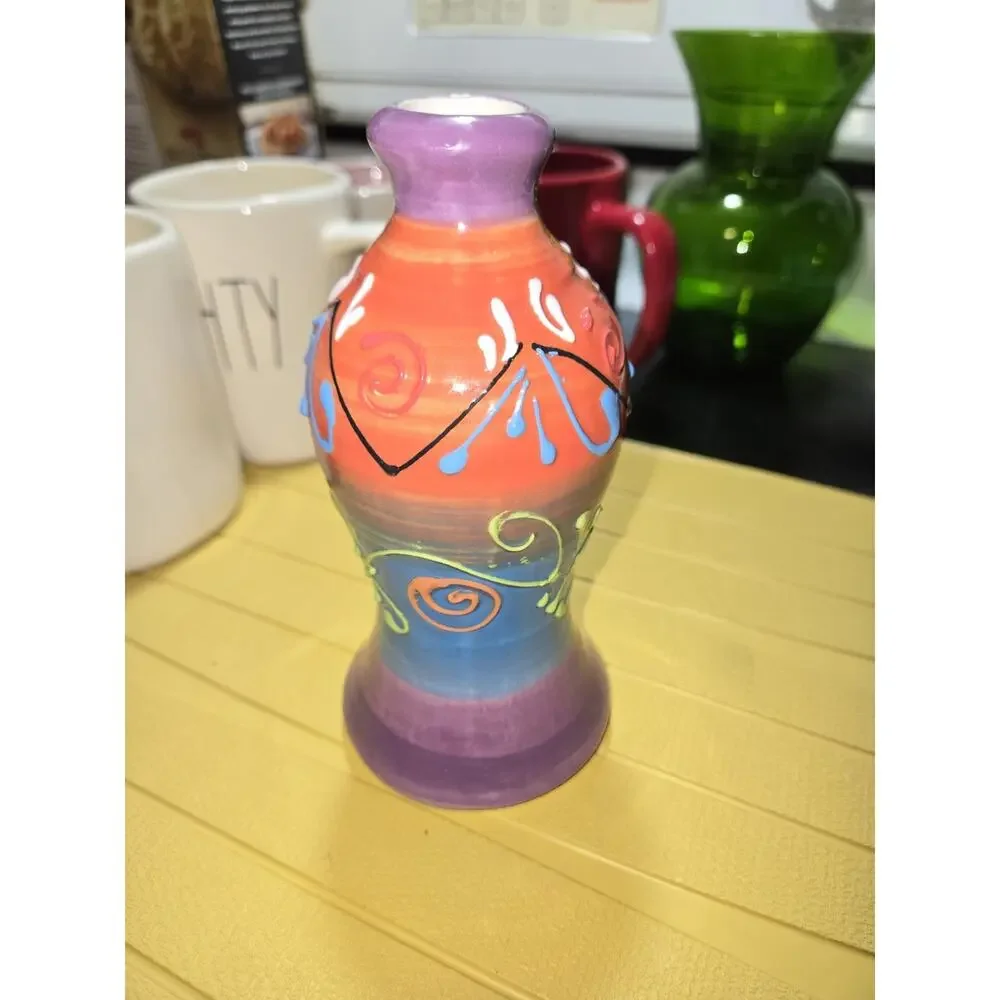 Handpainted Multicolor Ceramic Vase Abstract Swirl Decor Printed Backstamp Spain